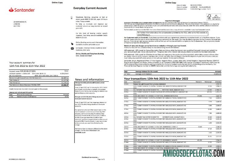 Extrato bancário realista do Reino Unido Santander modelo Word e PDF, 3 páginas, versão 2